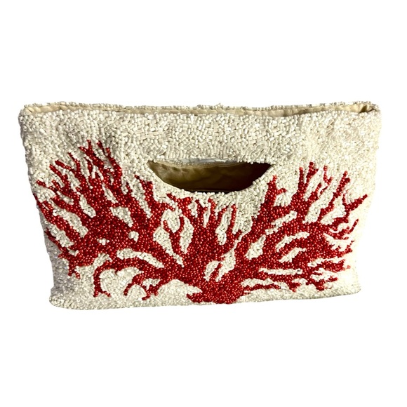 Moyna White and Red Beaded Clutch - Picture 1 of 12